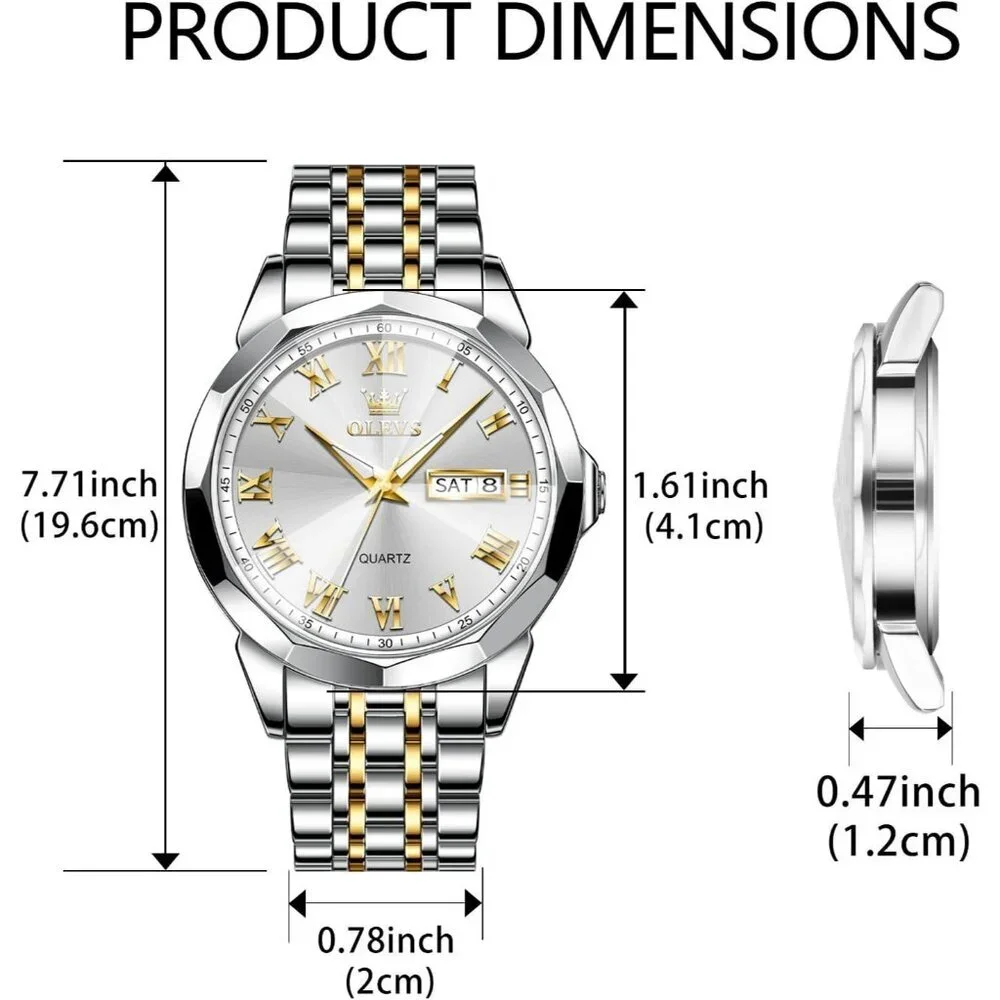 Olevs Men's Silver Gold- White Steel Stain Waterproof Stain Luminous Wrist Watch